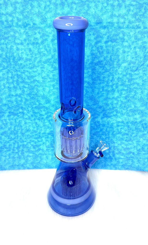 Side profile of the 18 inch double perc blue bong