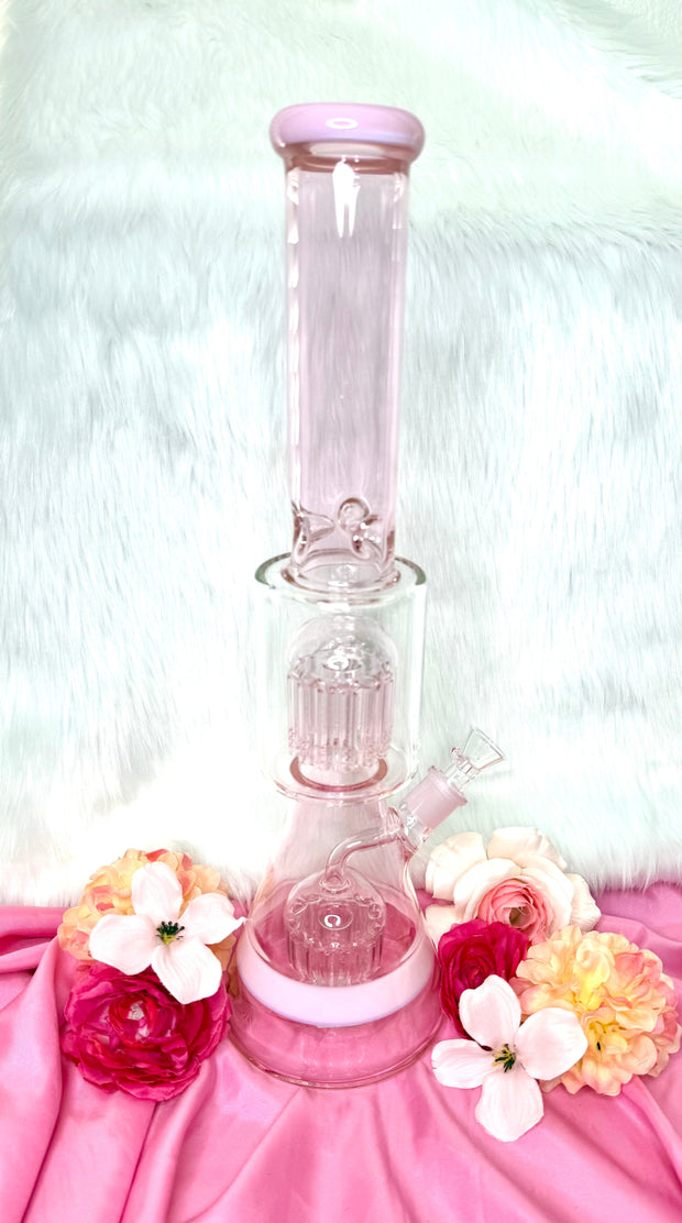 Side profile of the pink 18 inch double perc bong