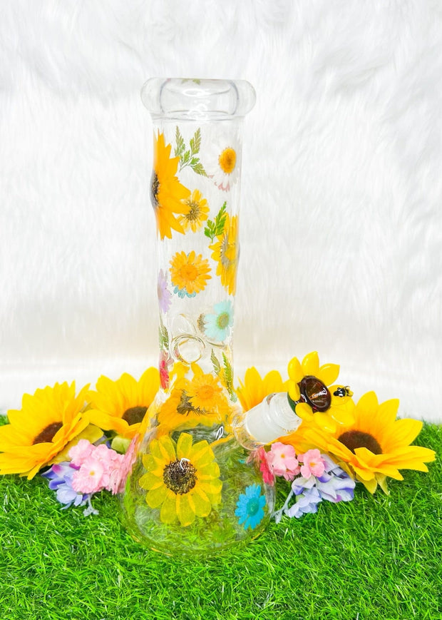 Side profile sunflower rainbow dried floral bong