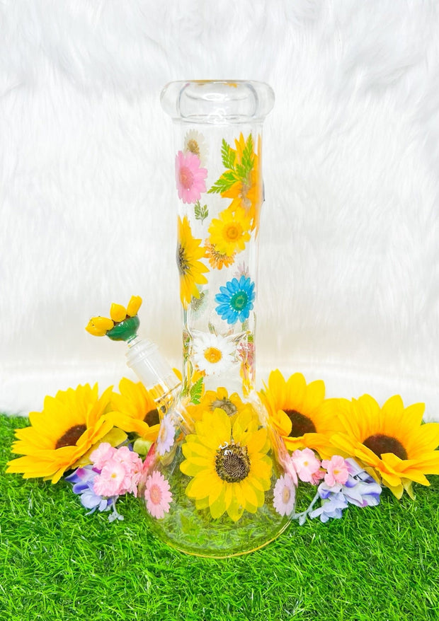 Side profile sunflower rainbow dried floral water pipe