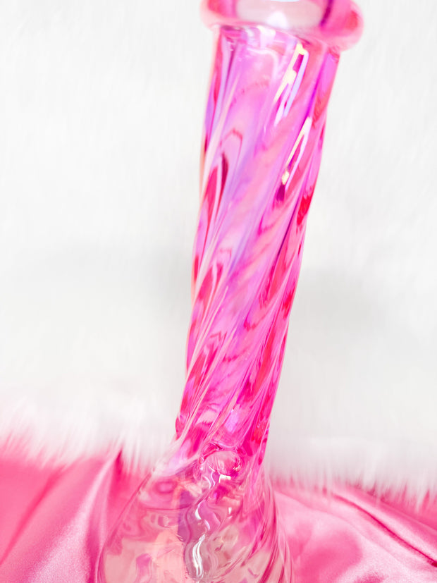 Up close of pink iridescent swirl bong neck