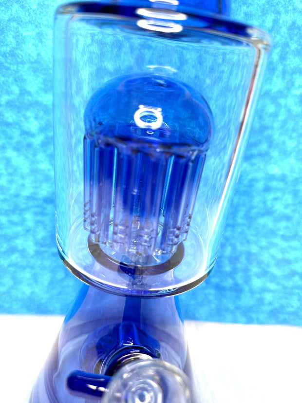 Up close of the tree perc on the 18 inch blue bong