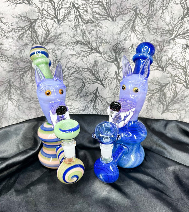 Two different wolf bubbler bongs side by side to show you the two different variants available.