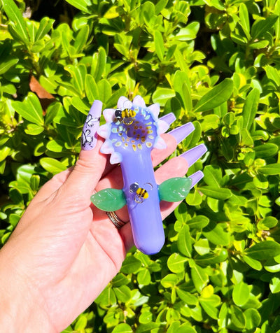 Purple Sunflower Bees Glass Hand Pipe