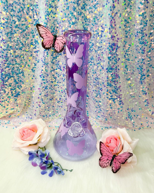 Purple Butterfly Pink Clouds 12in Glass Water Pipe/Bong