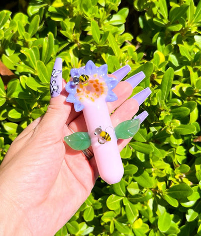 Pink Sunflower Bees Glass Hand Pipe