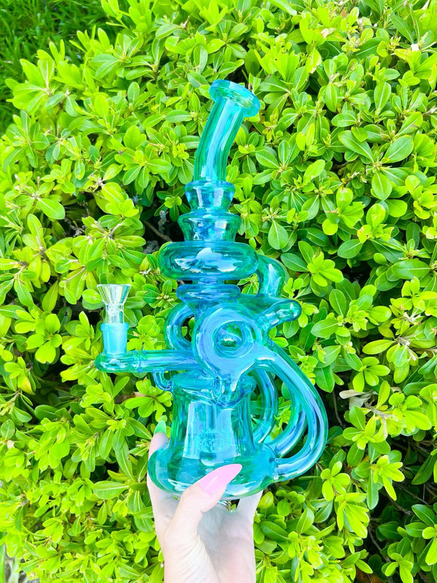 Neon Blue Recycler Glass Water Pipe/Dab Rig
