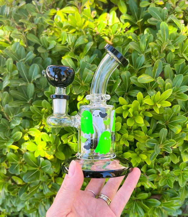 Green Glow Ghosts Halloween 6in Glass Water Pipe/Dab Rig