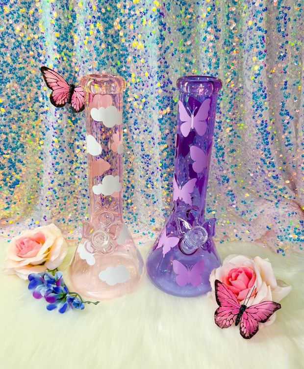 Purple Butterfly Pink Clouds 12in Glass Water Pipe/Bong