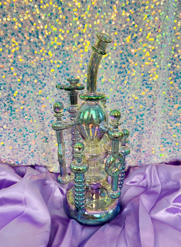 Iridescent Princess Tower Recycler Glass Water Pipe/Dab Rig