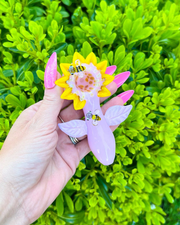 Pink Sunflower and Bees Glass Hand Pipe