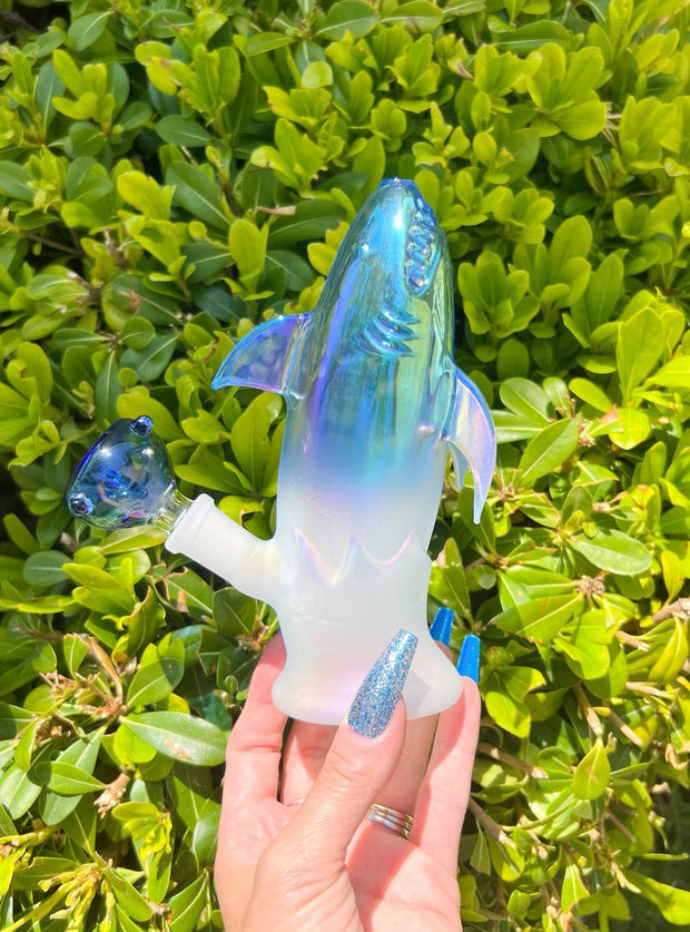 Blue Iridescent Shark Glass Water Pipe/Dab Rig