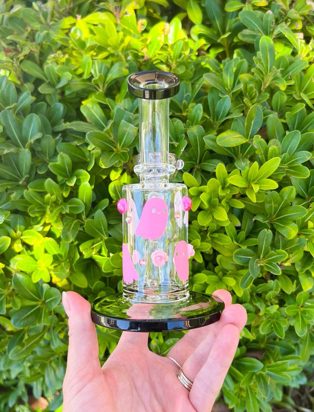 Pink Glow Ghosts Halloween 6in Glass Water Pipe/Dab Rig