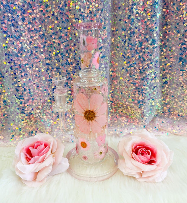 Pink Dried Floral Double Perc Glass Water Hand Pipe/Dab Rig