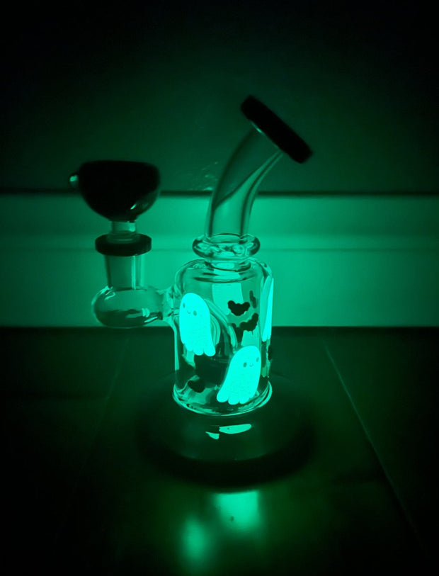 Green Glow Ghosts Halloween 6in Glass Water Pipe/Dab Rig