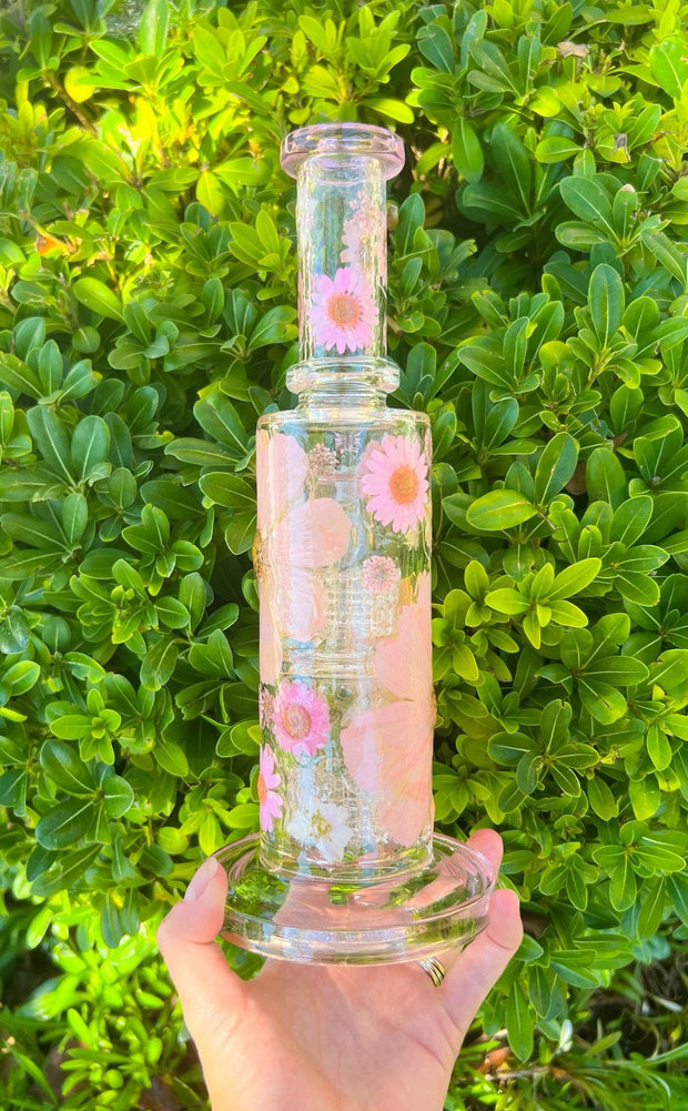 Pink Dried Floral Double Perc Glass Water Hand Pipe/Dab Rig