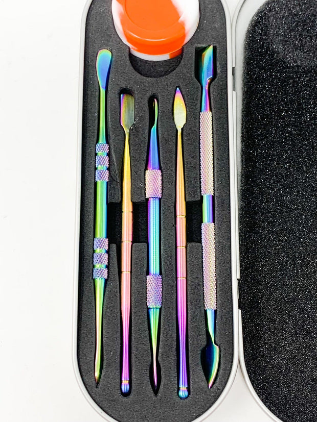 Close up of the 5 piece rainbow tool kit set