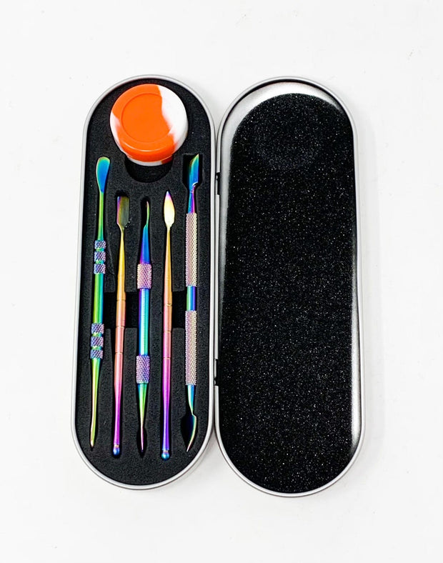 Rainbow 5 piece dab tool set in metal case with wax silicone container