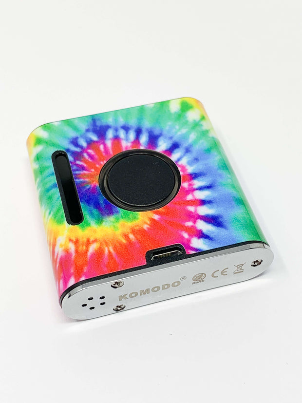 Up close of tie dye vmod 2 battery on white background
