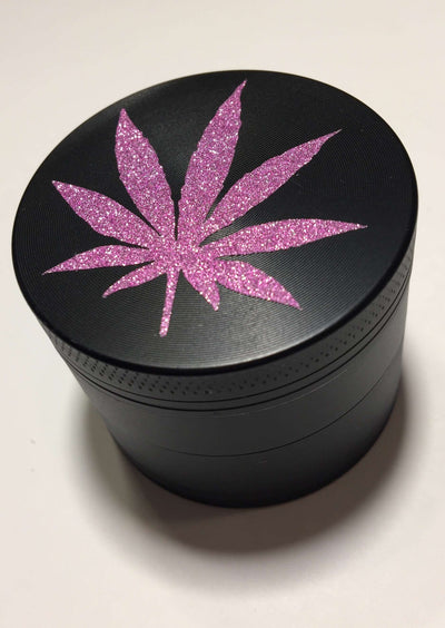 Herb Grinder Pink Weed Leaf Glitter Custom Spice Grinder 4 Piece 55mm W/ Cleaning Tool