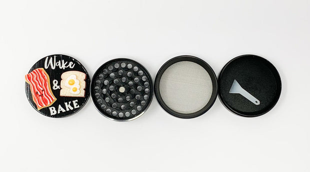 Wake and Bake Eggs and Bacon Herb Grinder Custom Black Spice Grinder 4 Piece 55mm W/ Cleaning Tool