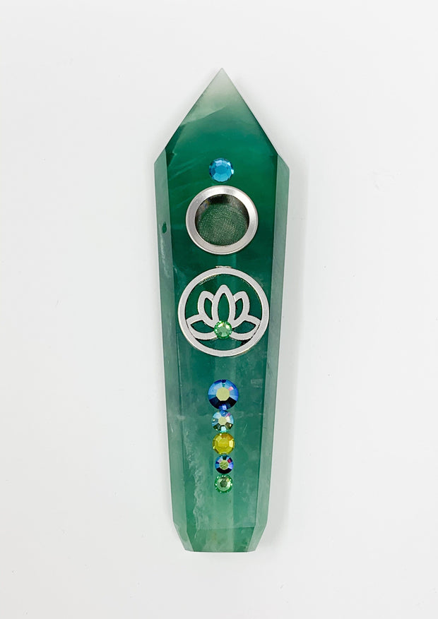 Green Fluorite Crystal Hand Pipe Lotus Flower