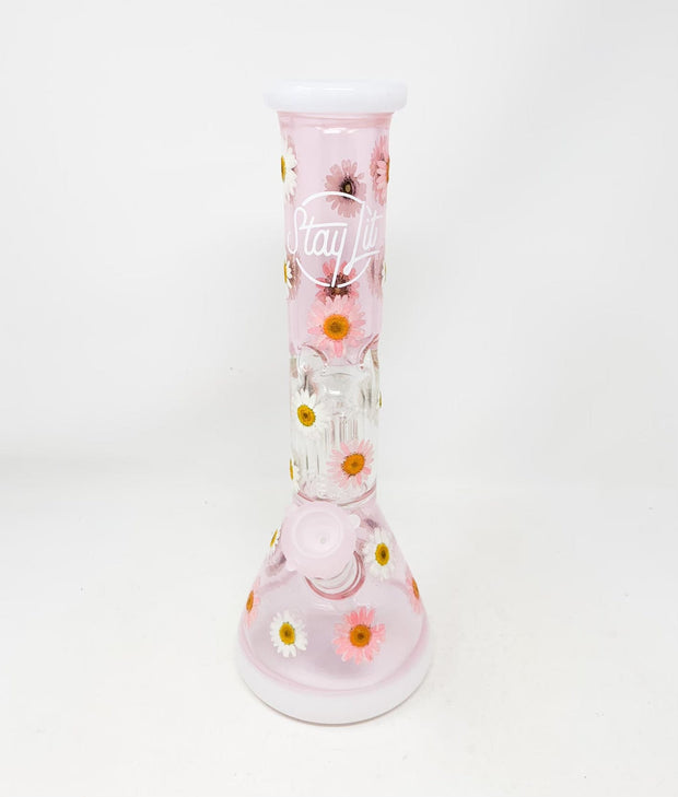 Pink White Daisies Dried Floral 14in Beaker Glass Water Pipe/Bong