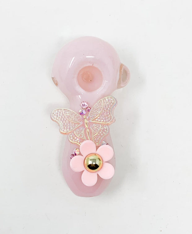 Pink Butterly Pink Daisy Glass Hand Pipe