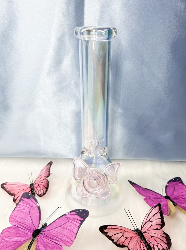 Iridescent Butterfly 8in Glass Water Pipe/Bong