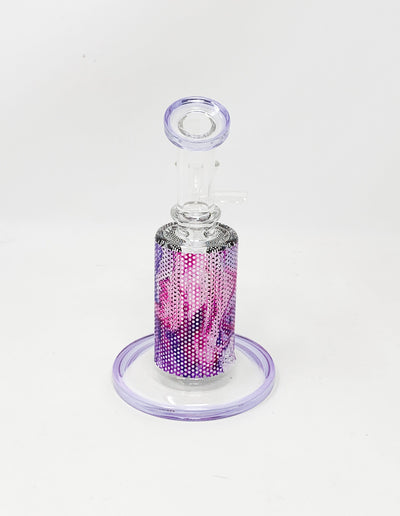 Pink Purple Marble Perforated Vinyl 6.5in Bent Neck Glass Water Hand Pipe/Dab Rig