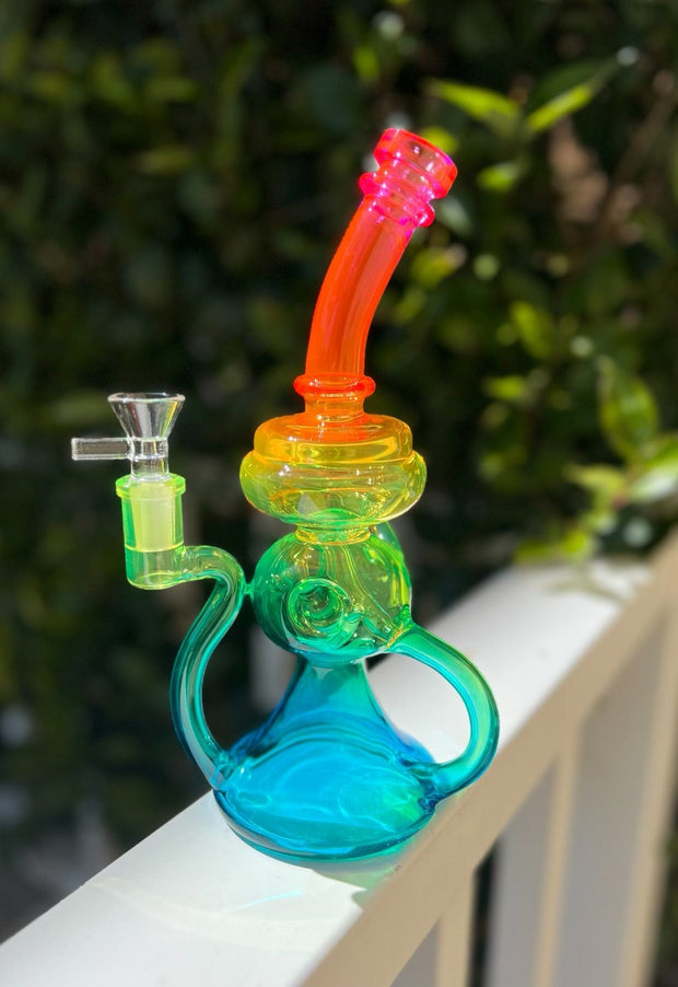 Neon Lights Rainbow Recycler Glass Water Pipe/Dab Rig Set