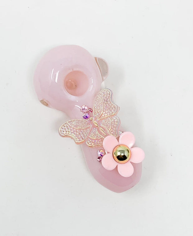 Pink Butterly Pink Daisy Glass Hand Pipe