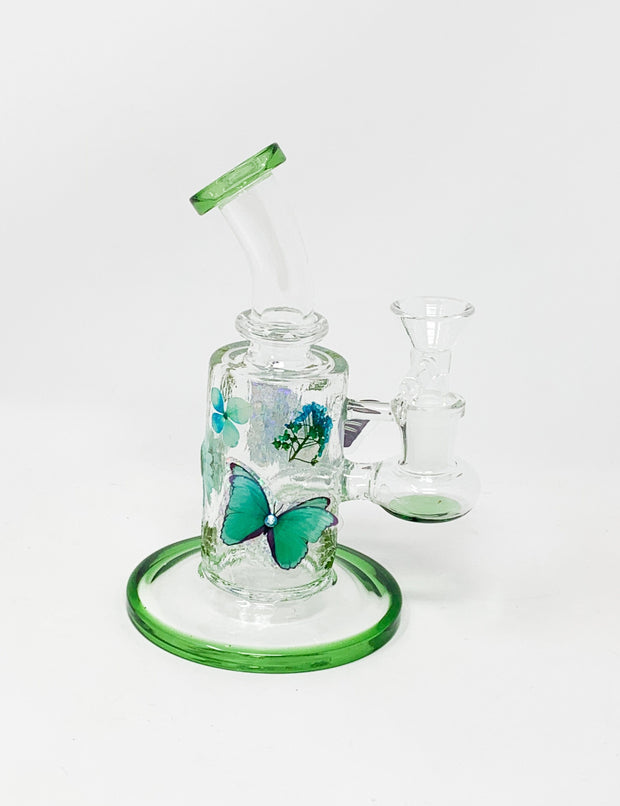 Green Floral Butterflies Bent Neck Glass Water Hand Pipe/Dab Rig