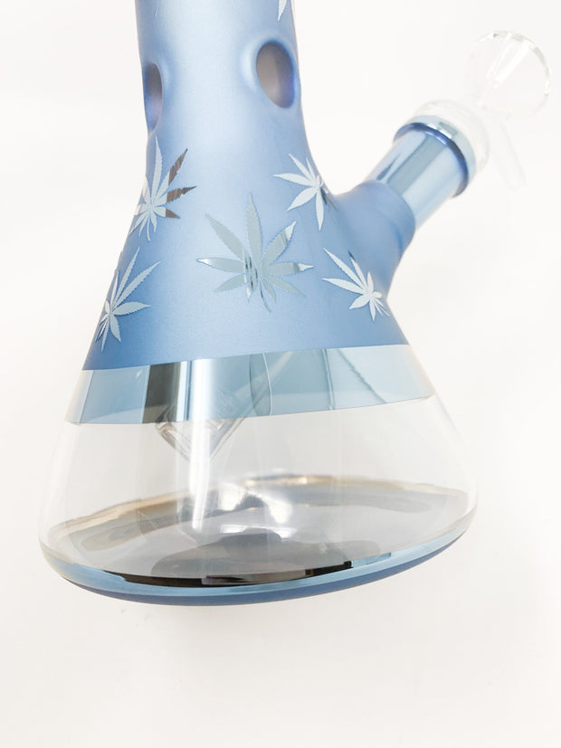 Blue Metallic Weed Leaves Beaker Glass Water Pipe 8.5in Bong