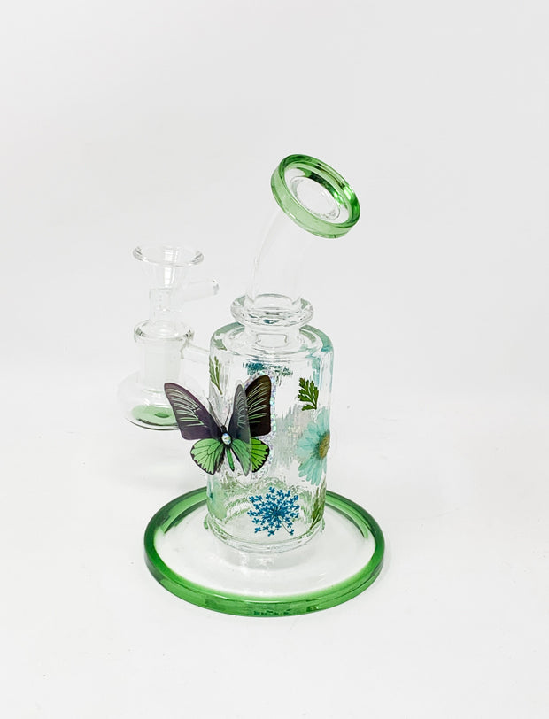 Green Floral Butterflies Bent Neck Glass Water Hand Pipe/Dab Rig