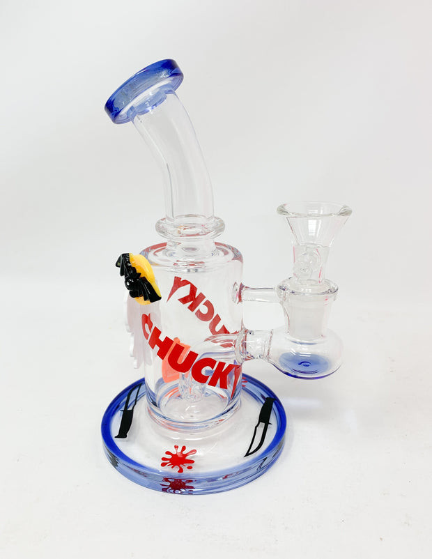 Blue Chucky Doll Horror Bent Neck Glass Water Hand Pipe/Dab Rig