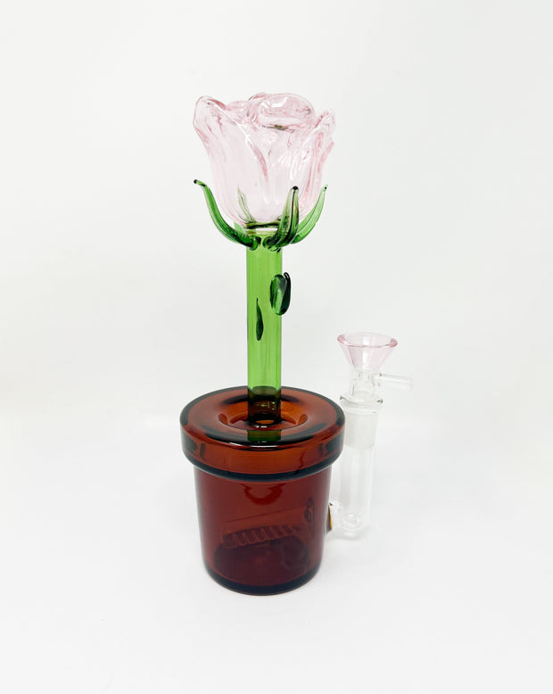 Pink Rose Flower Pot Glass Water Pipe/Dab Rig