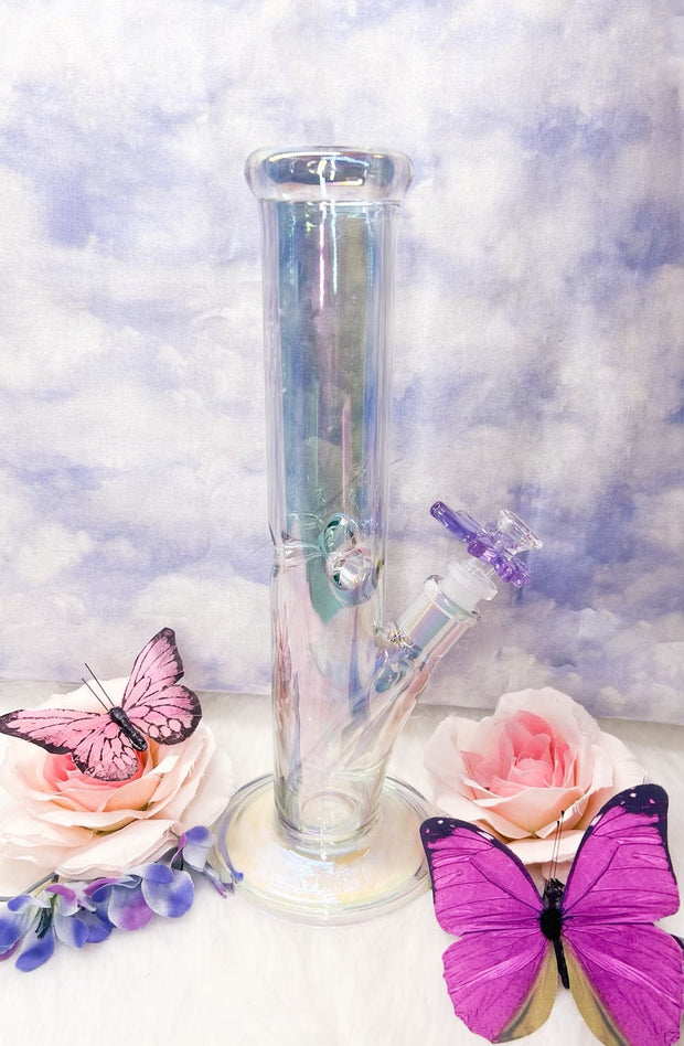 Iridescent Butterfly 8in Glass Water Pipe/Bong