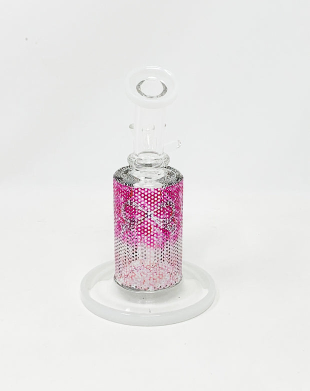 Pink Ombré Bow Perforated Vinyl Bent Neck Glass Water Hand Pipe/Dab Rig