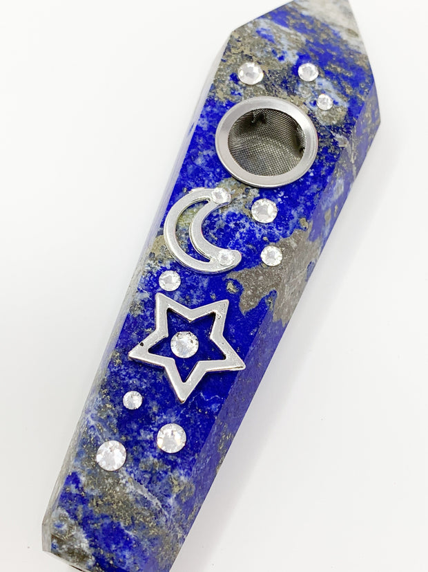 Lapis Lazuli Crystal Hand Pipe Moon and Star Swarovski