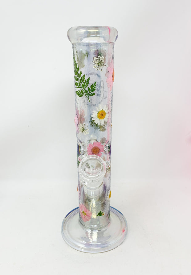 Iridescent StayLit 12in Floral Straight Tube Glass Water Pipe/Bong