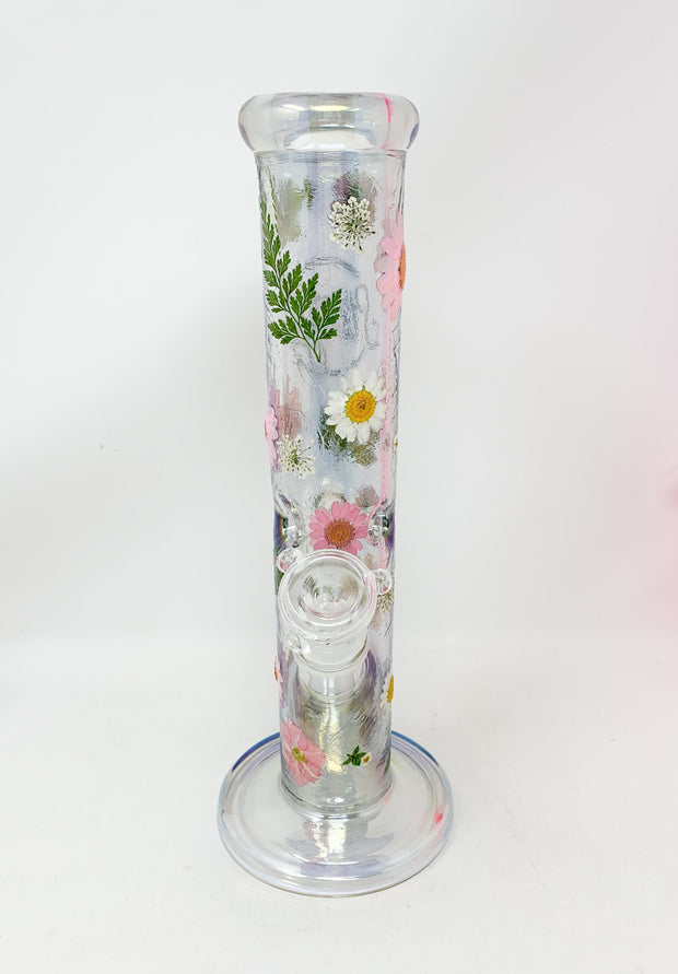 Iridescent StayLit 12in Floral Beaker Glass Water Pipe/Bong