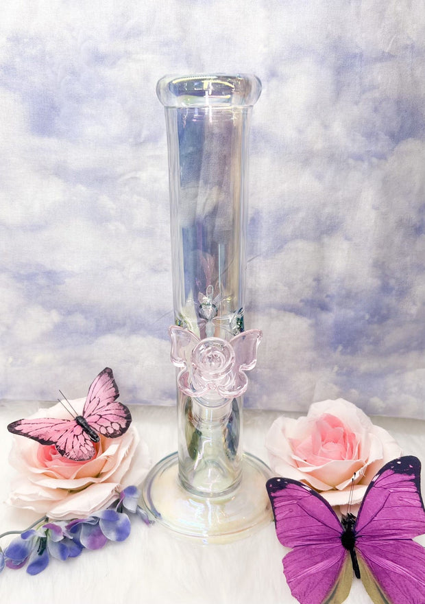 Iridescent Butterfly 8in Glass Water Pipe/Bong