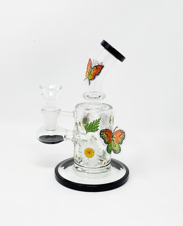 Black Floral Butterflies Bent Neck Glass Water Hand Pipe/Dab Rig
