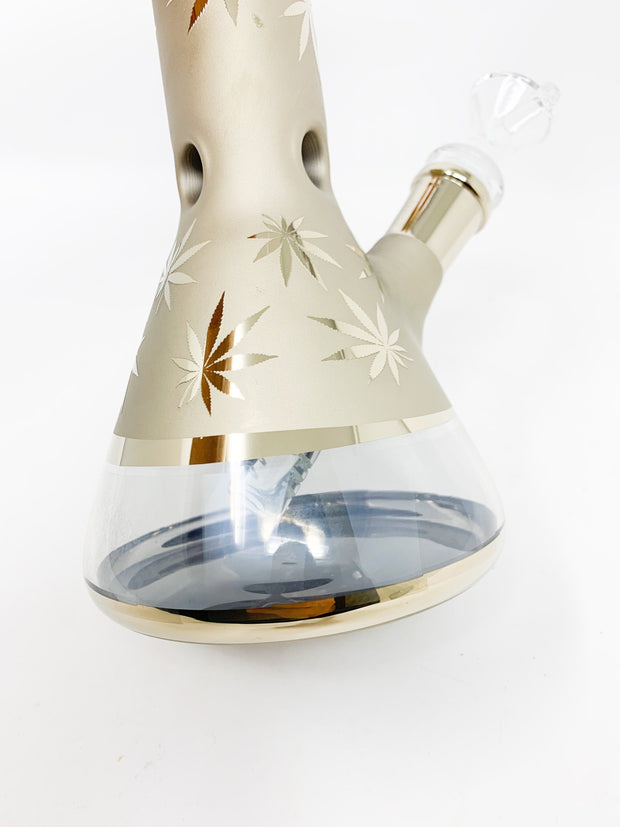 Gold Metallic Weed Leaves Beaker Glass Water Pipe 8.5in Bong