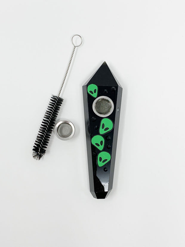 Black Obsidian Crystal Hand Pipe Alien Rhinestone Crystal