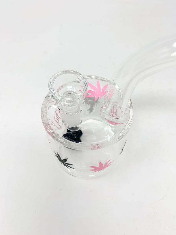 Pink StayLit Glitter Weed Leaves 6in Barrell Glass Water Hand Pipe/Dab Rig