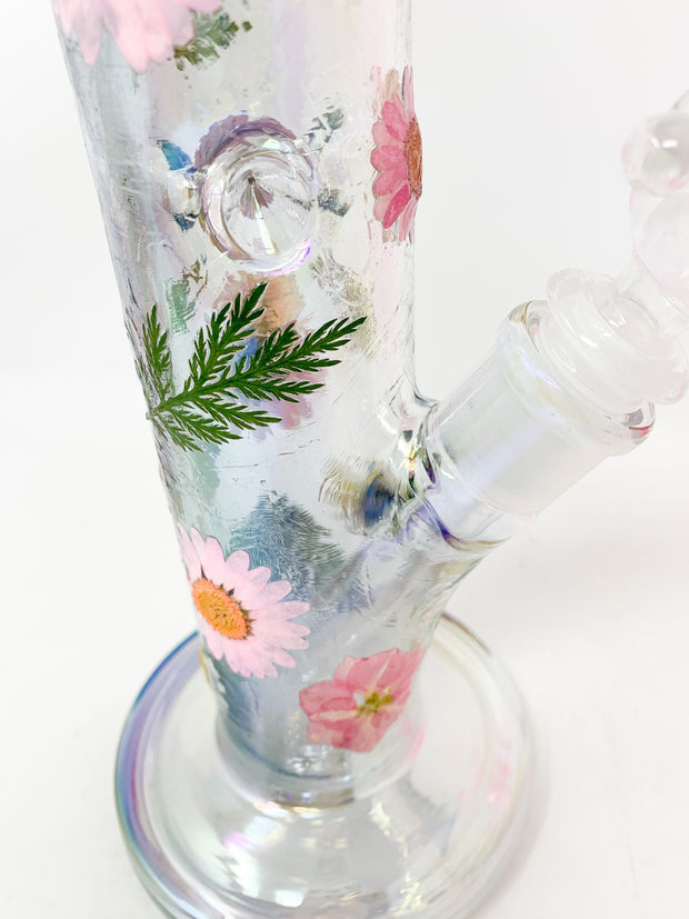 Iridescent StayLit 12in Floral Beaker Glass Water Pipe/Bong