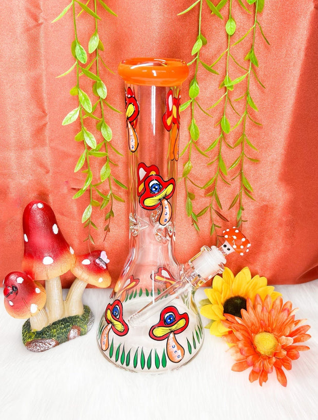 Orange Mushrooms 12in Glass Water Pipe/Bong
