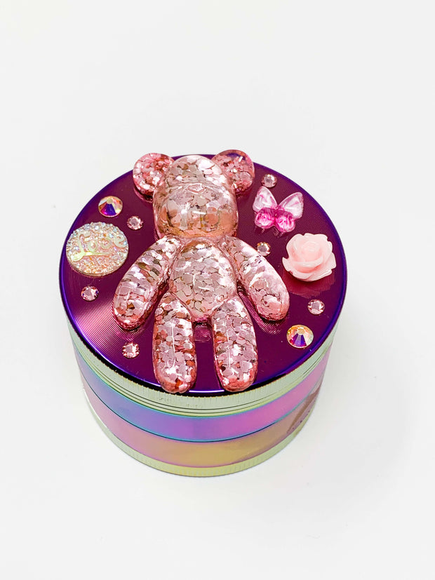 Rainbow Herb Grinder BearBrick Glitter Custom 4 Piece 55mm W/ Cleaning Tool
